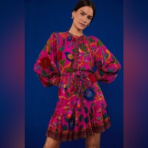 farm rio blue flowing beauty embroidered long sleeve midi dress Farm Rio Blue Flowing Beauty Embroidered Long NWT Sleeve Midi Dress, NWT, Small